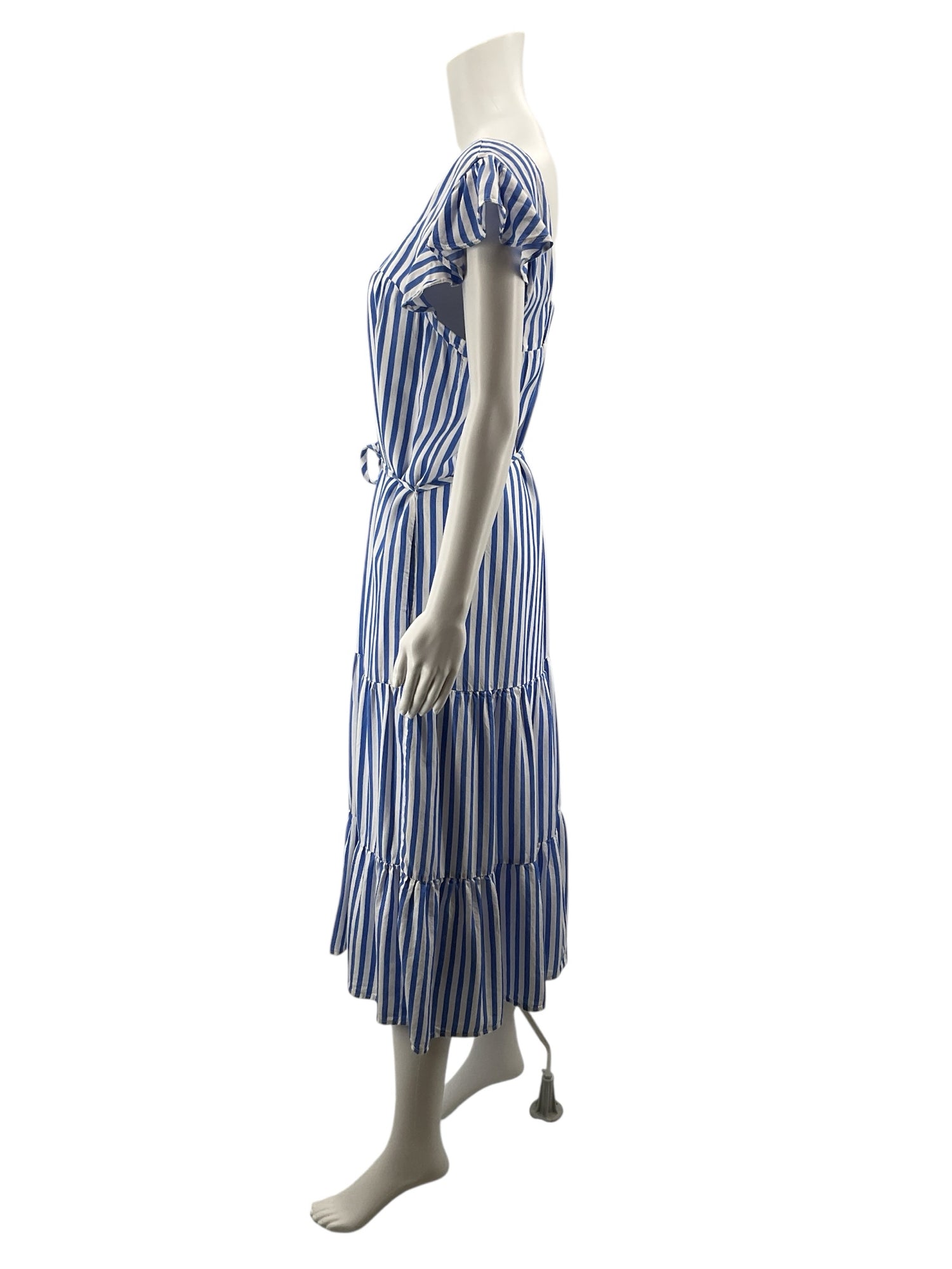 Draper James RSVP Off The Shoulder Tiered Maxi Dress Blue Stripe Small