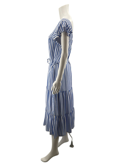 Draper James RSVP Off The Shoulder Tiered Maxi Dress Blue Stripe Small