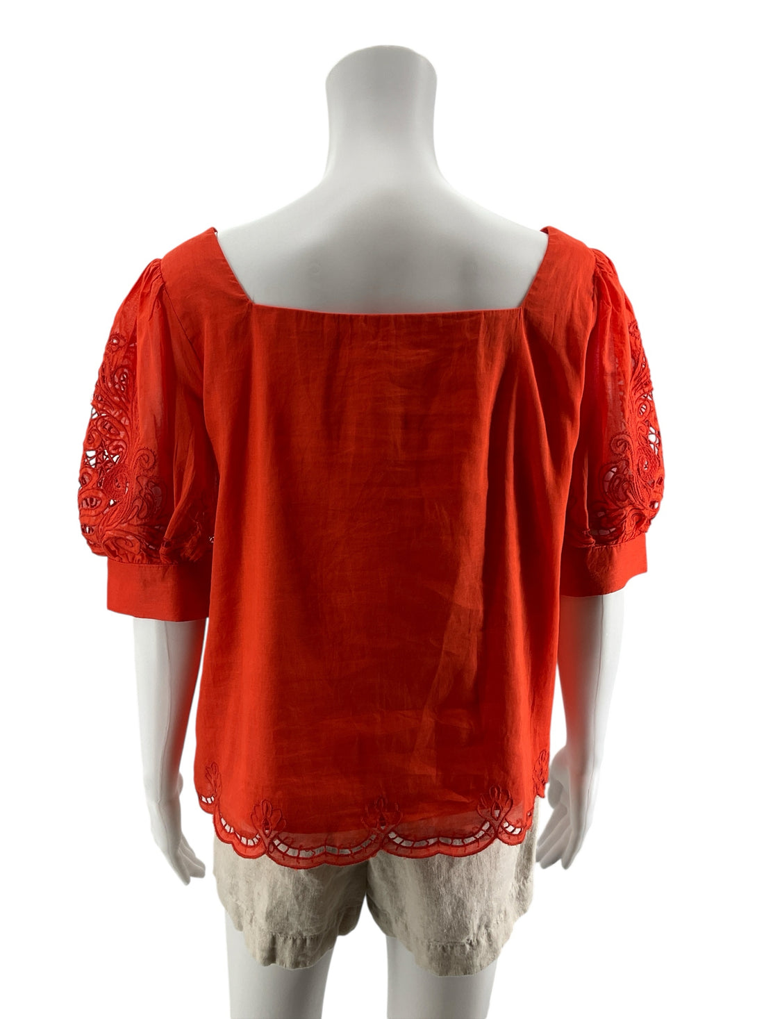 Anthropologie Orange Embroidered Scalloped Hem Cotton Blouse Size XS