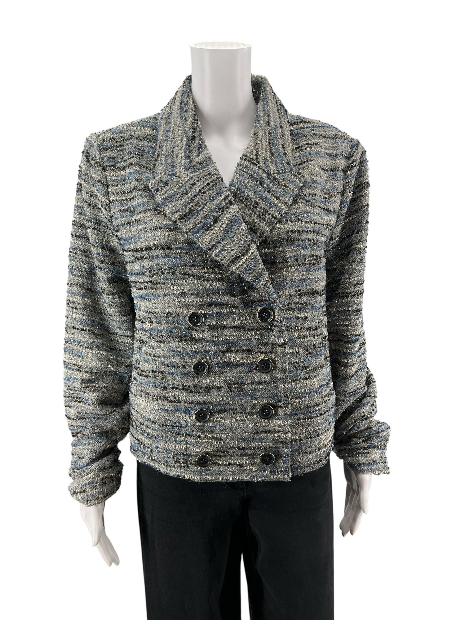 Cabi Thespian Jacket Blue Black Bouclé Tweed Double Breasted Blazer Medium - ONLINE ONLY