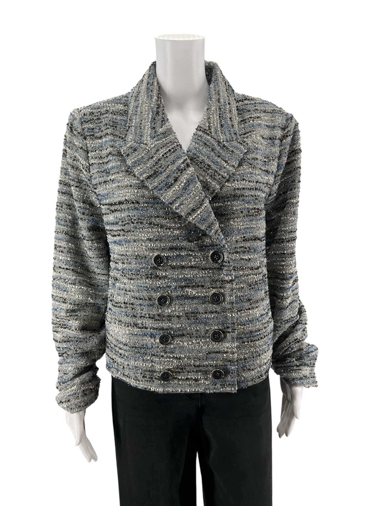 Cabi Thespian Jacket Blue Black Bouclé Tweed Double Breasted Blazer Medium - ONLINE ONLY
