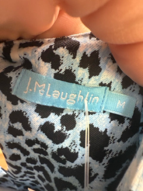 Brand label of J. McLaughlin Blue Animal Print Dress in size Medium, stitched inside neckline of the Catalina Cloth garment.