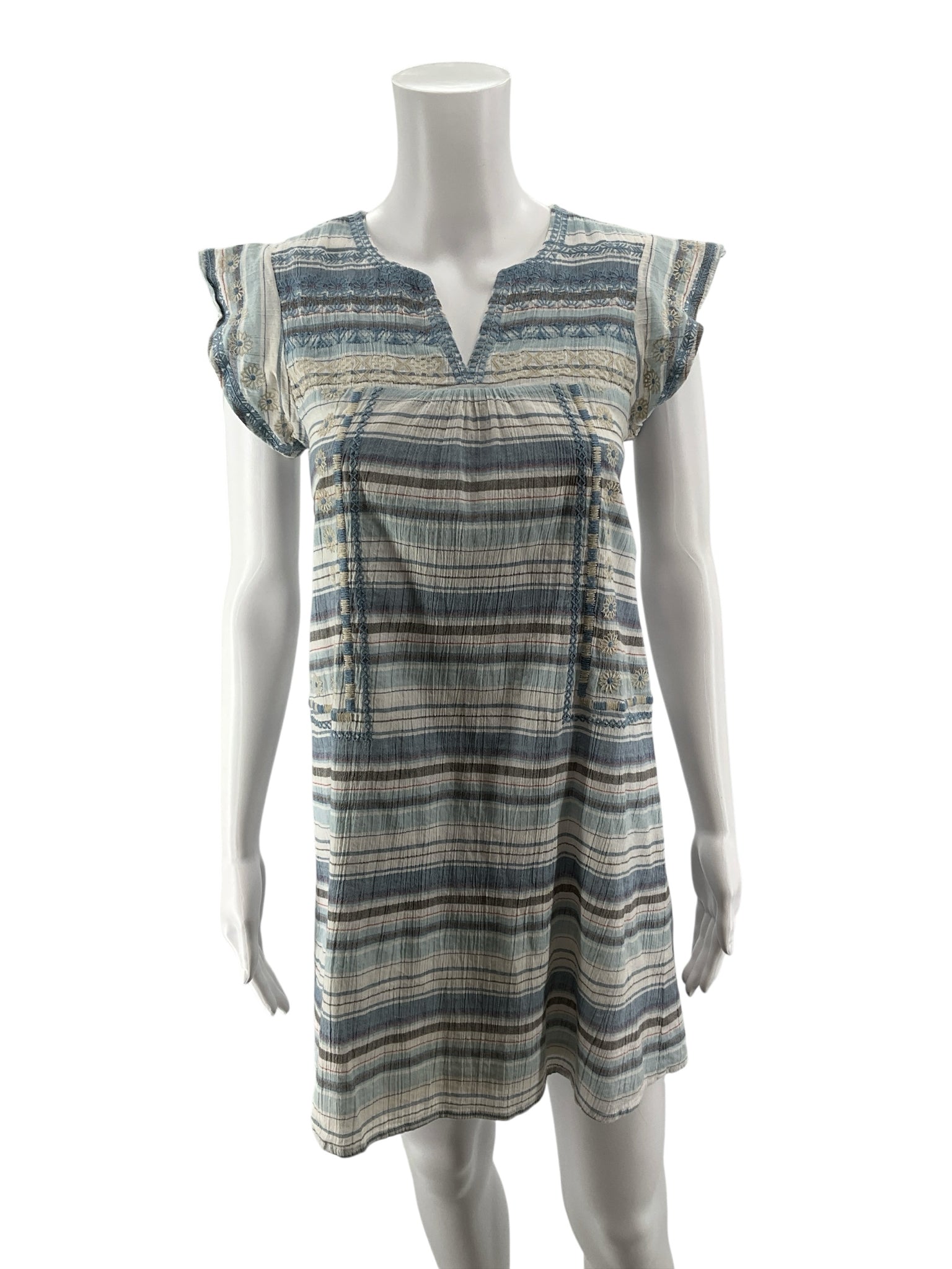 THML Striped Embroidered Boho Tunic Dress Blue White Cotton XS