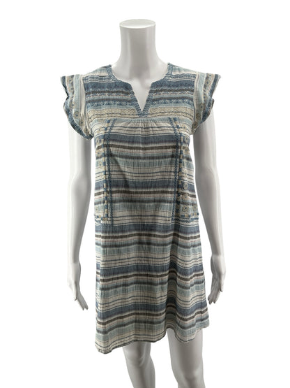 THML Striped Embroidered Boho Tunic Dress Blue White Cotton XS