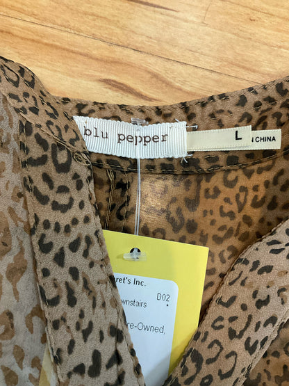 Blu Pepper Leopard Print Sheer Roll Tab Sleeve Blouse Top Brown Size Large