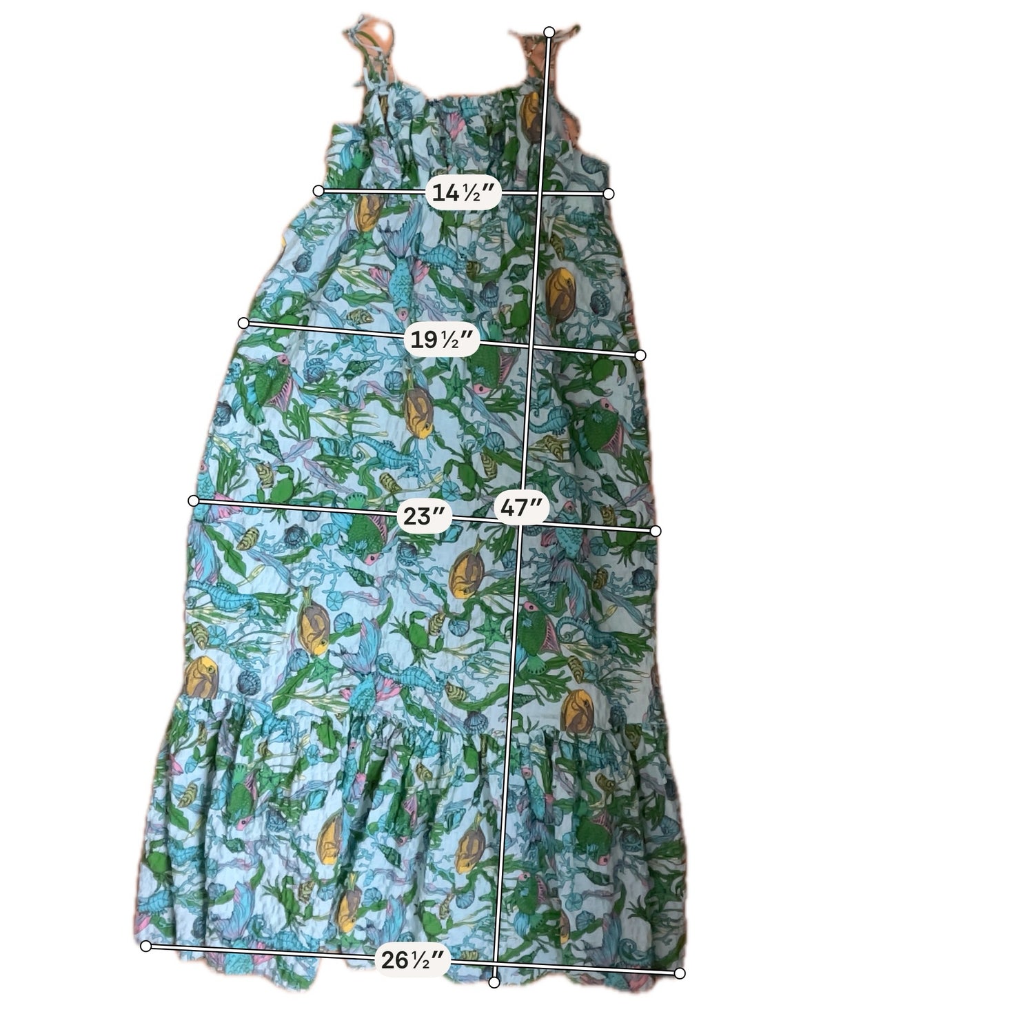 Kate Spade New York aqua/green/yellow Maxi, Sundress, A-Line, Tiered, Smocked, Resort Sea Wonder Fish Print Smocked Maxi Dress Size XL - Size XL