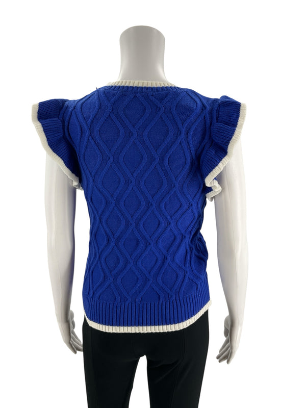 Back view of She + Sky Blue Knit Ruffle Top, size M, featuring white-trimmed cap sleeves and textured cable knit design for a chic second-hand look.