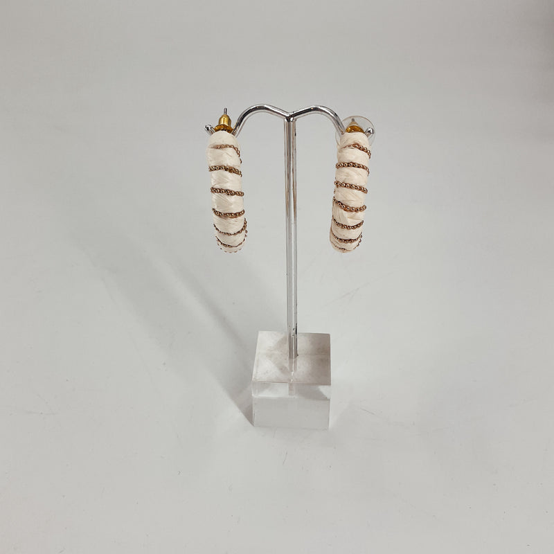 White/Gold Circle Stud Earrings with spiral gold accents on hoop design, minimalist pre-owned style for modern jewelry collections.