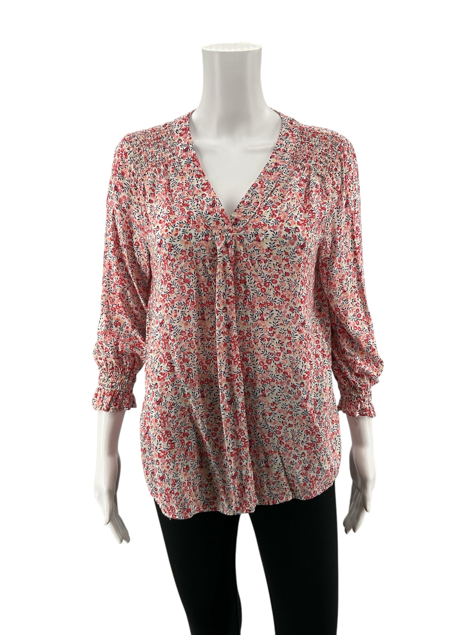 Soirée White/Orange 3/4 Sleeve by Daniel Rainn Floral Smocked Bishop Sleeve Blouse Size Medium - Size M