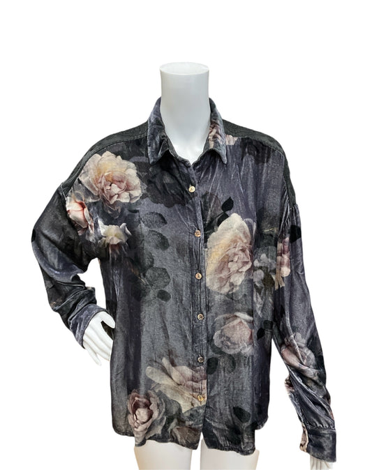 Johnny Was Size XS Charcoal Floral Casual Top - Downstairs