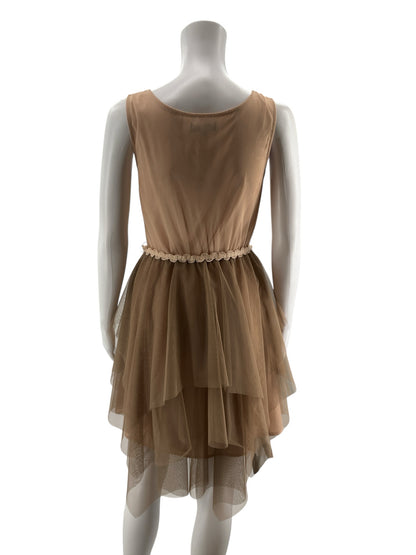 Ryu Taupe Embroidered Mesh Tiered Tulle Dress | Size Small