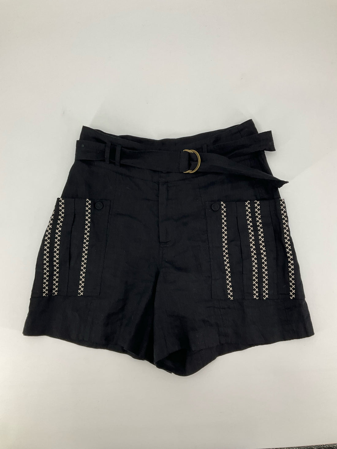 Johnny Was Giana Linen Shorts XS Black Tan Embroidered Belted High Rise
