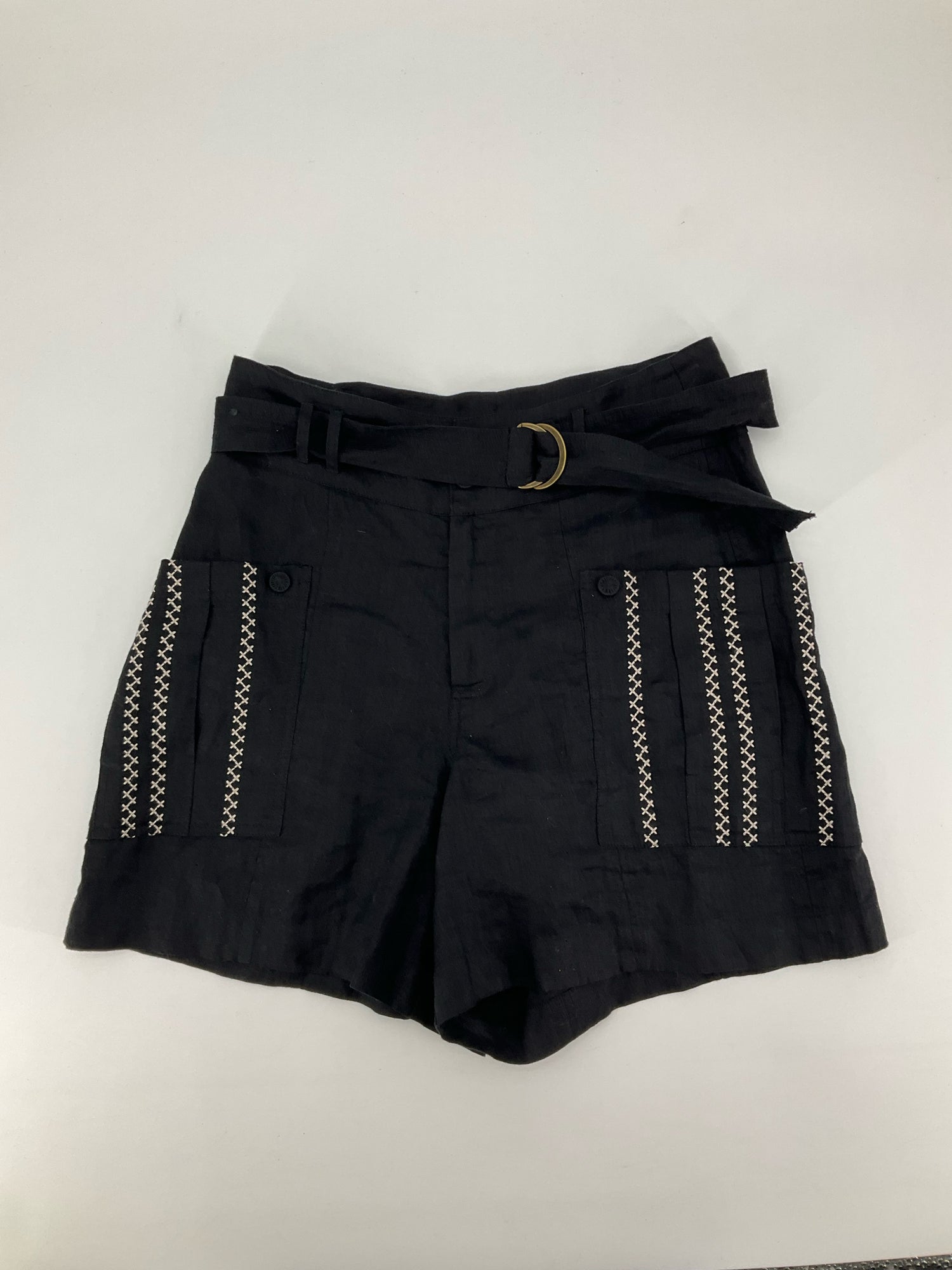 Johnny Was Giana Linen Shorts XS Black Tan Embroidered Belted High Rise