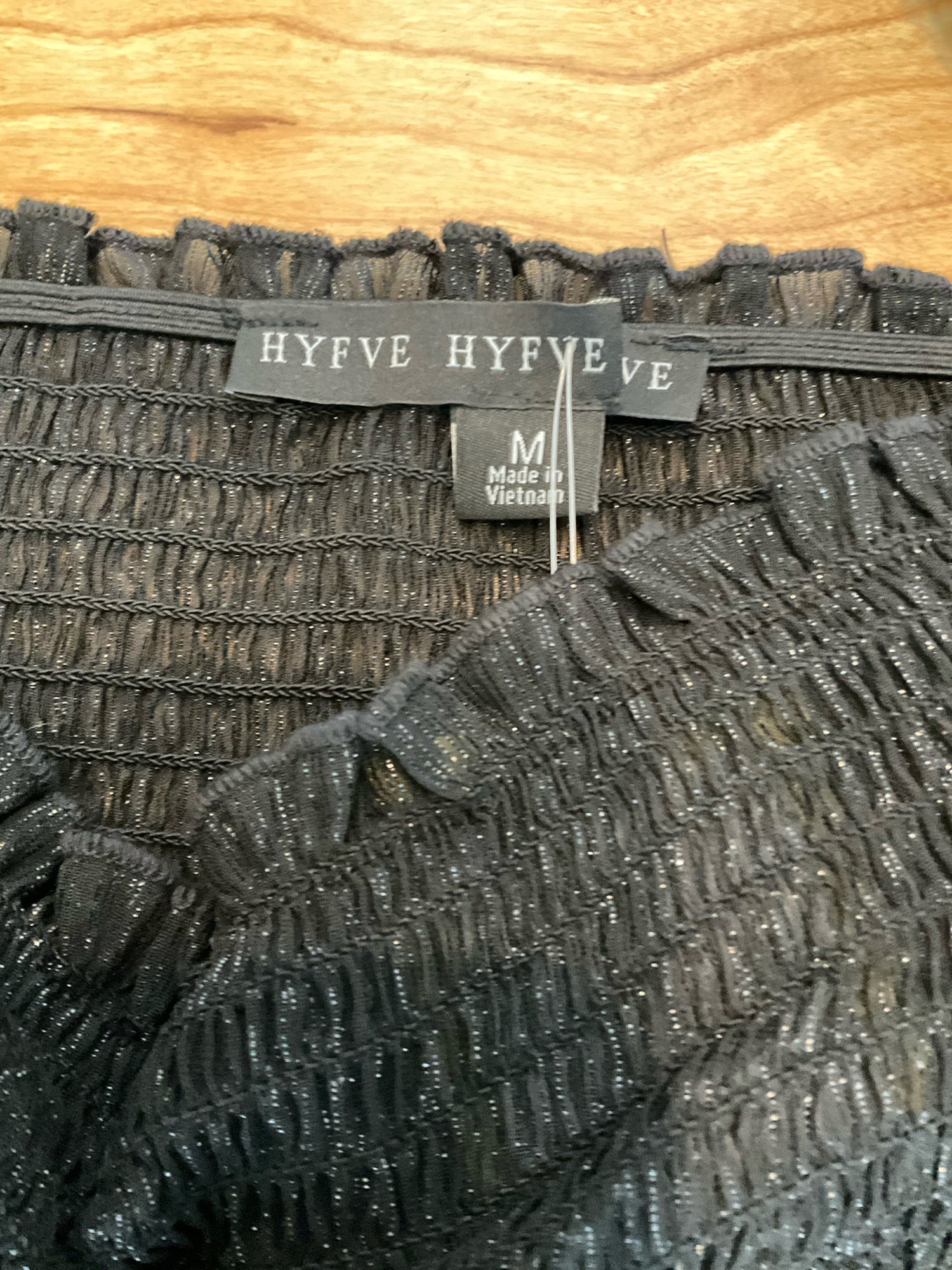 Hyfve Ruffled Smocked Metallic Off Shoulder Crop Top Black Size Medium