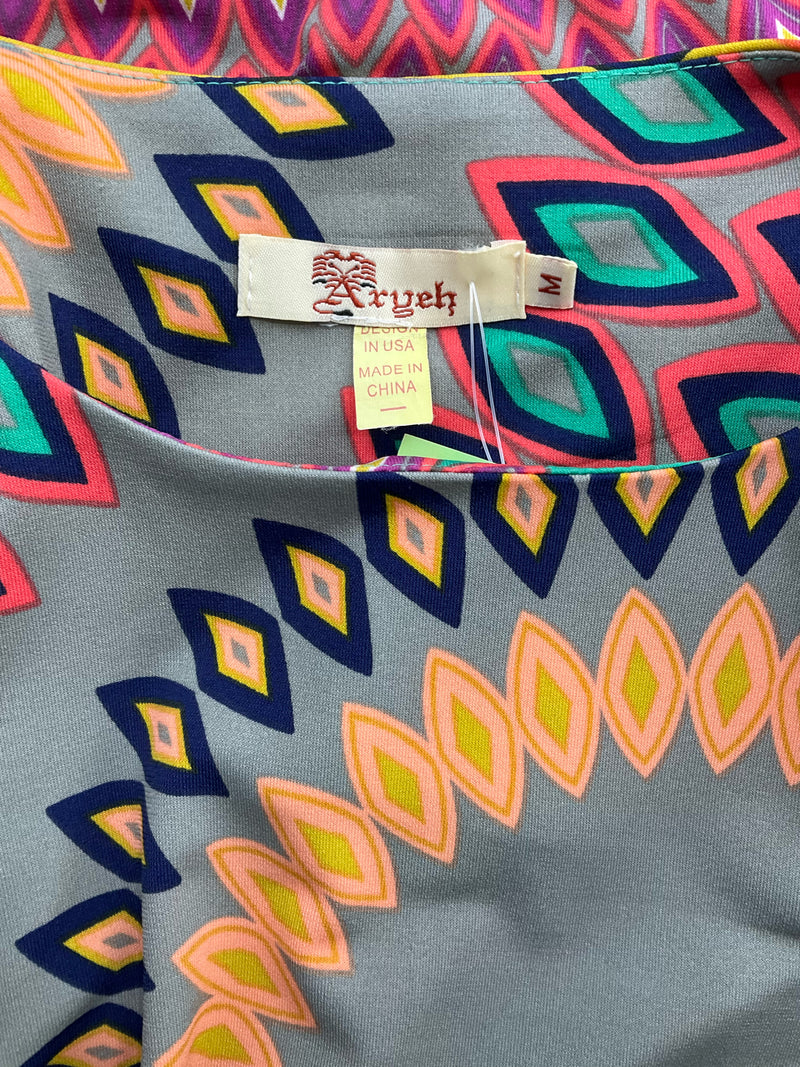 Aryeh Green/Gray/Orange/Navy Print Pre-Owned Ladies Dress - Size Medium
