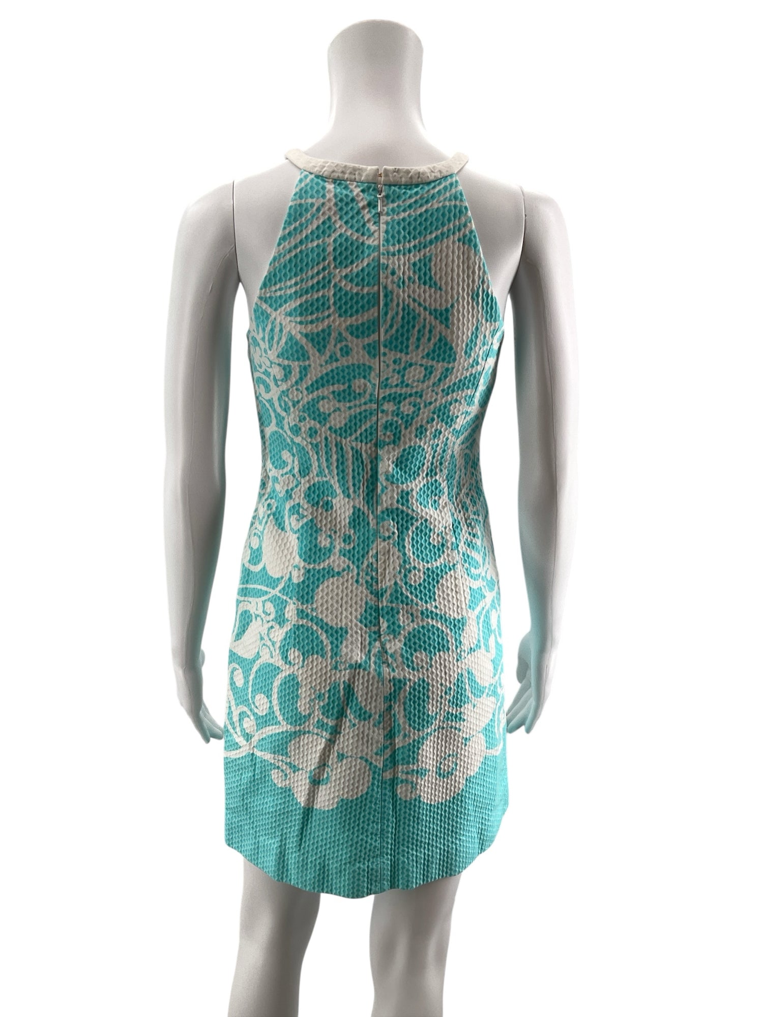 Lilly Pulitzer Kristen Dress Aqua &amp;amp; White Jacquard Leaf Cutout Shift Size 0