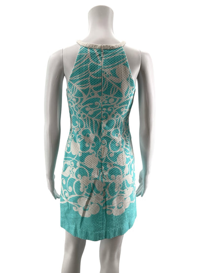 Lilly Pulitzer Kristen Dress Aqua &amp;amp; White Jacquard Leaf Cutout Shift Size 0