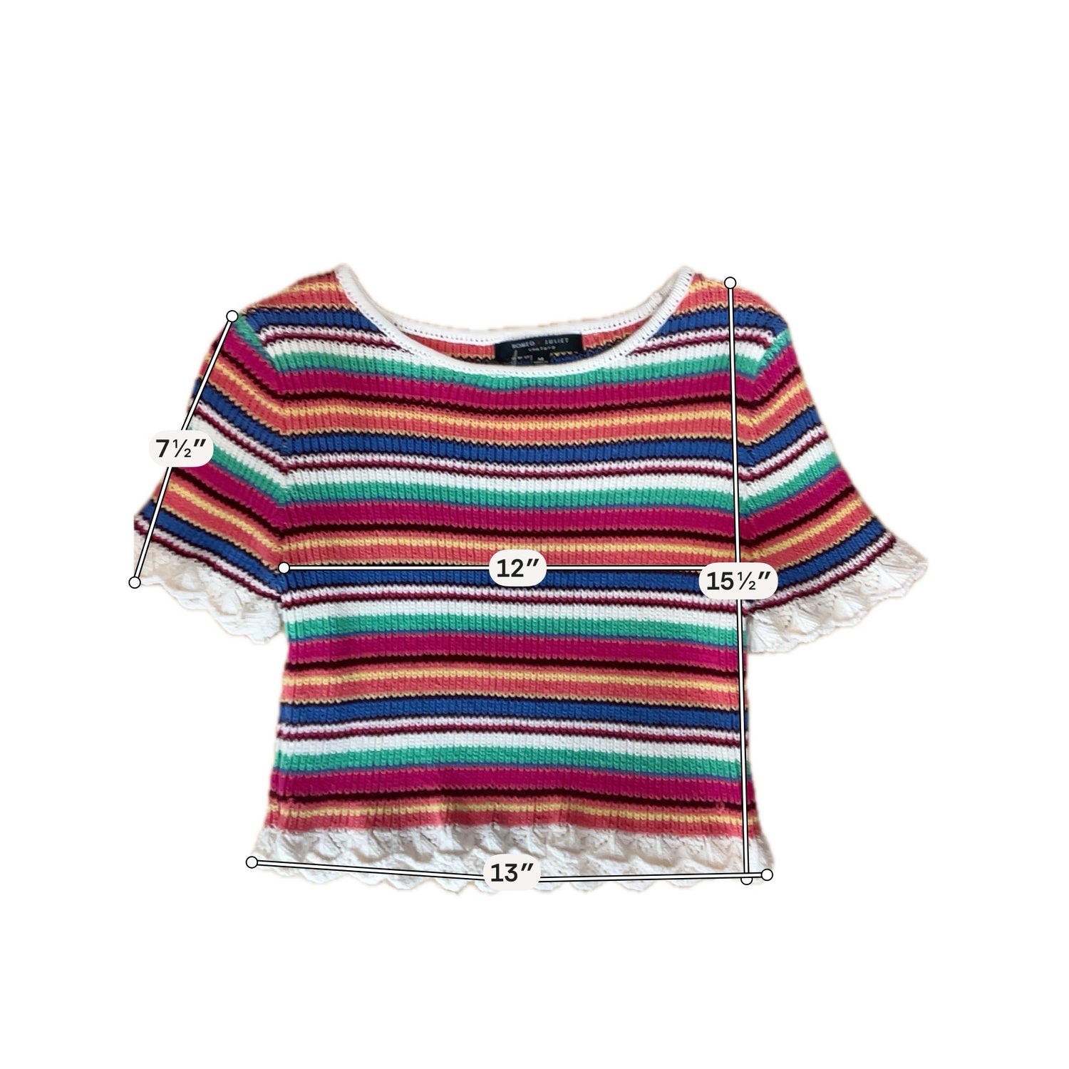 Romeo &amp; Juliet Couture Rainbow Striped Knit Crop Top Scallop Trim Size Medium