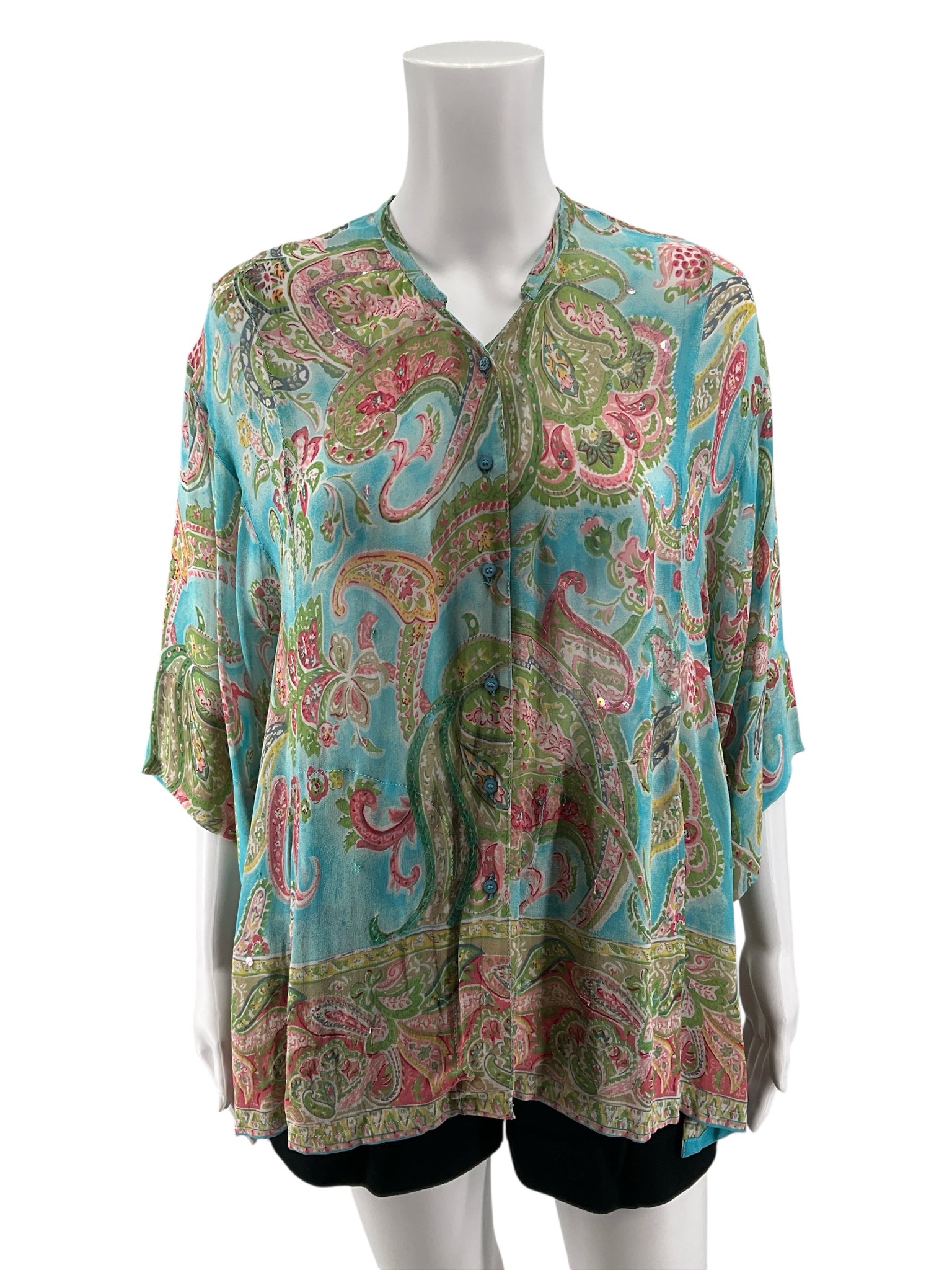René Derhy Paisley Boho Button-Front Rayon Blouse Top Size Small
