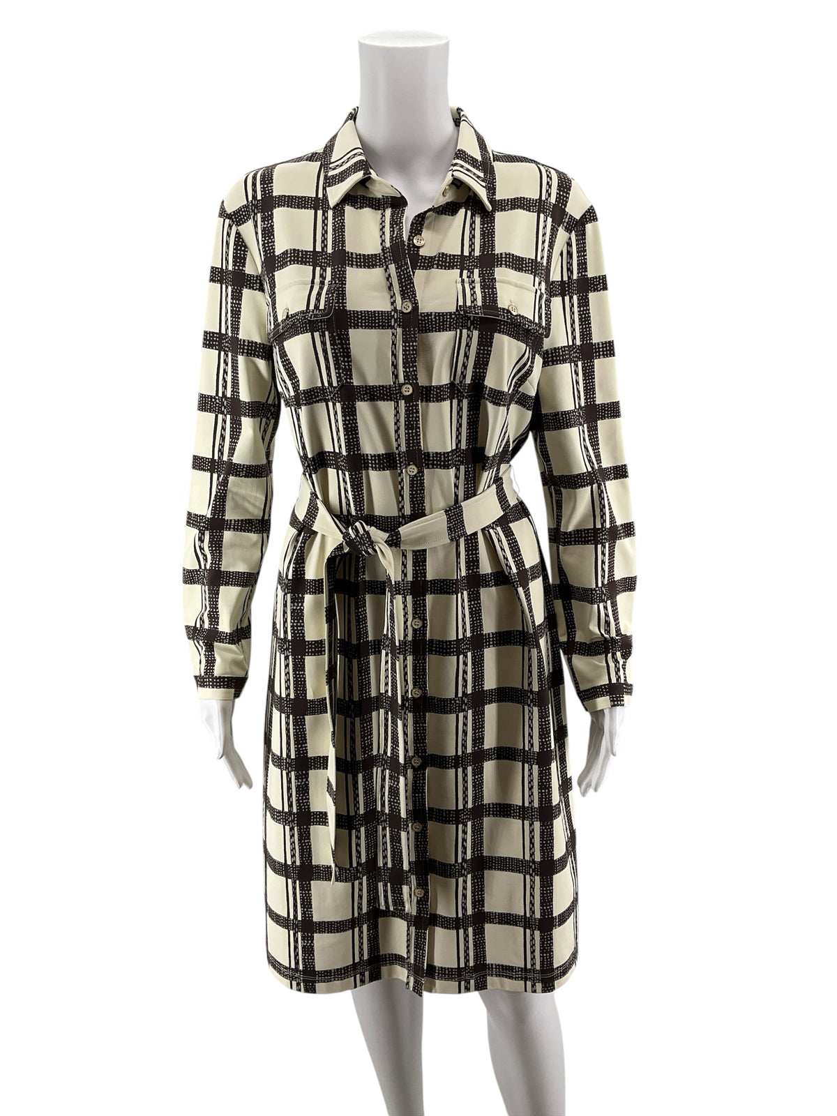 J.McLaughlin Cream &amp; Brown Grid Plaid Catalina Cloth Shirtdress | Size Medium