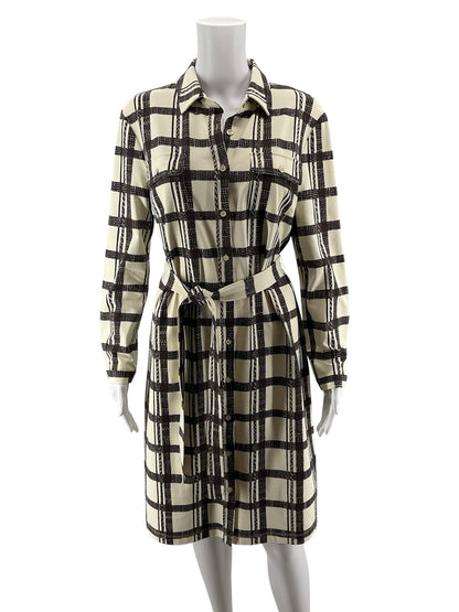 J.McLaughlin Cream &amp; Brown Grid Plaid Catalina Cloth Shirtdress | Size Medium