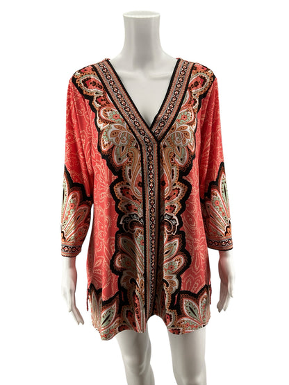 JM Collection Paisley Border Print Tunic Top XL Orange Multi V-Neck 3/4 Sleeve
