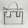 Antonio Melani Tote Bag - Textured White with black trim and gold accents, featuring dual handles and quilted front panel. Stylish and spacious purse.
