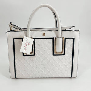 Antonio Melani Tote Bag - Textured White with black trim and gold accents, featuring dual handles and quilted front panel. Stylish and spacious purse.
