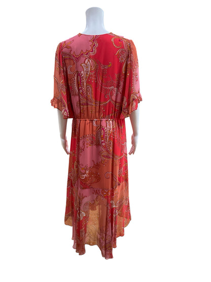 halHale Bob Adina Coral Paisley Ruffle Faux Wrap Midi Dress | Size Large - ONLINE ONLY