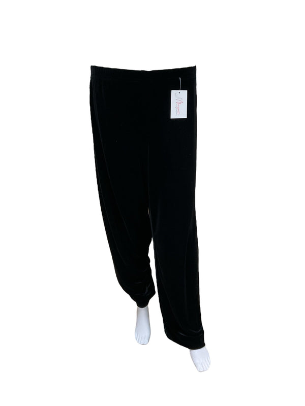 Coldwater Creek black velvet pants in size small, pre-owned and displayed on mannequin legs. Soft, elegant fabric ideal for stylish casual wear.