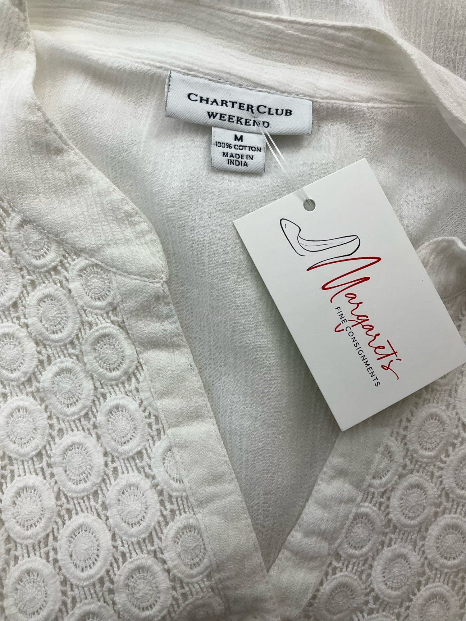 White solid casual top by Charter Club for women, size medium, featuring short sleeves and a relaxed fit.