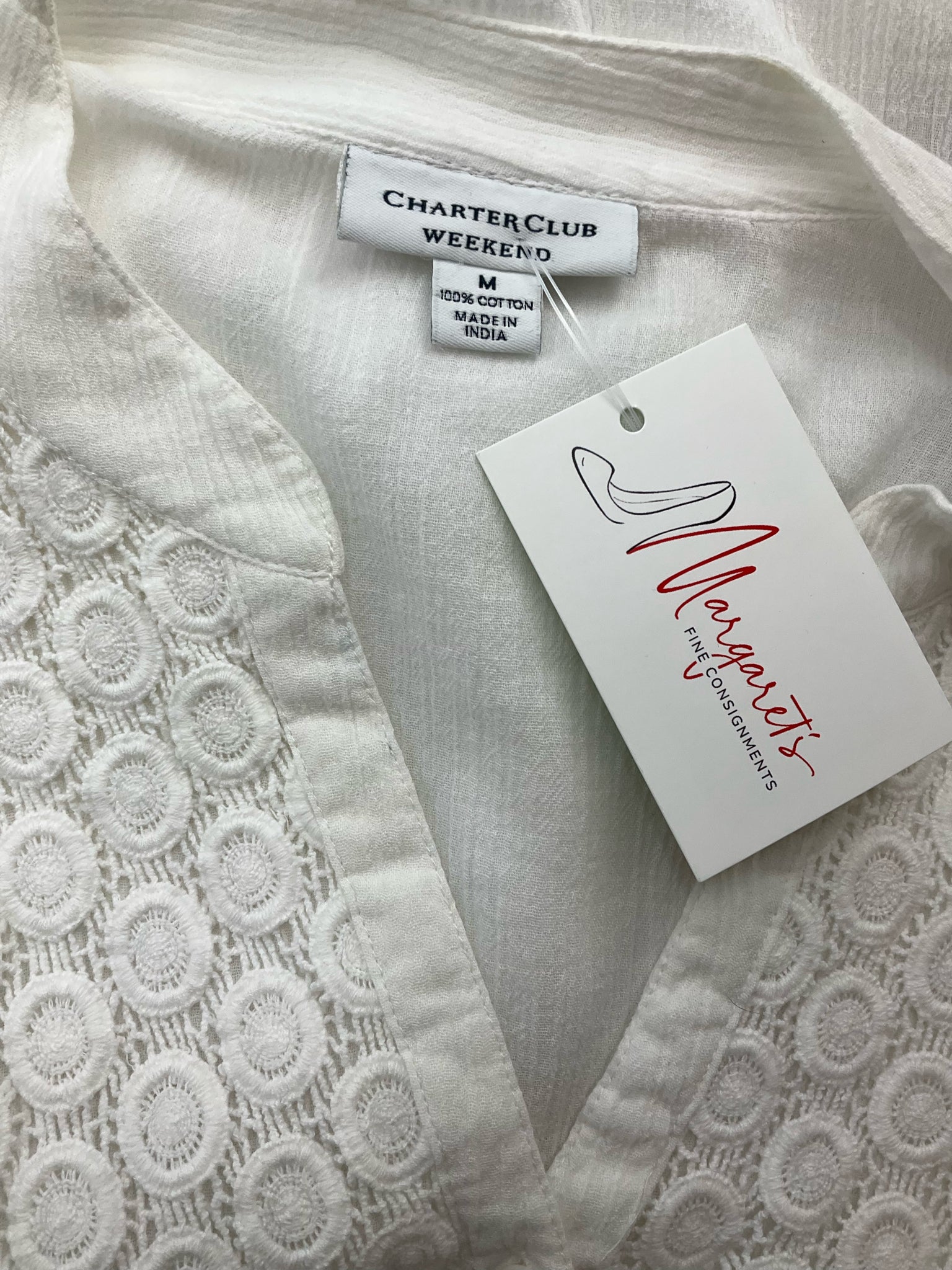 White solid casual top by Charter Club for women, size medium, featuring short sleeves and a relaxed fit.