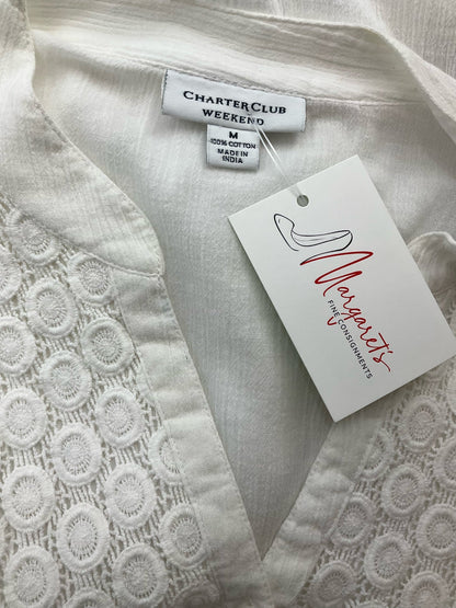 White solid casual top by Charter Club for women, size medium, featuring short sleeves and a relaxed fit.