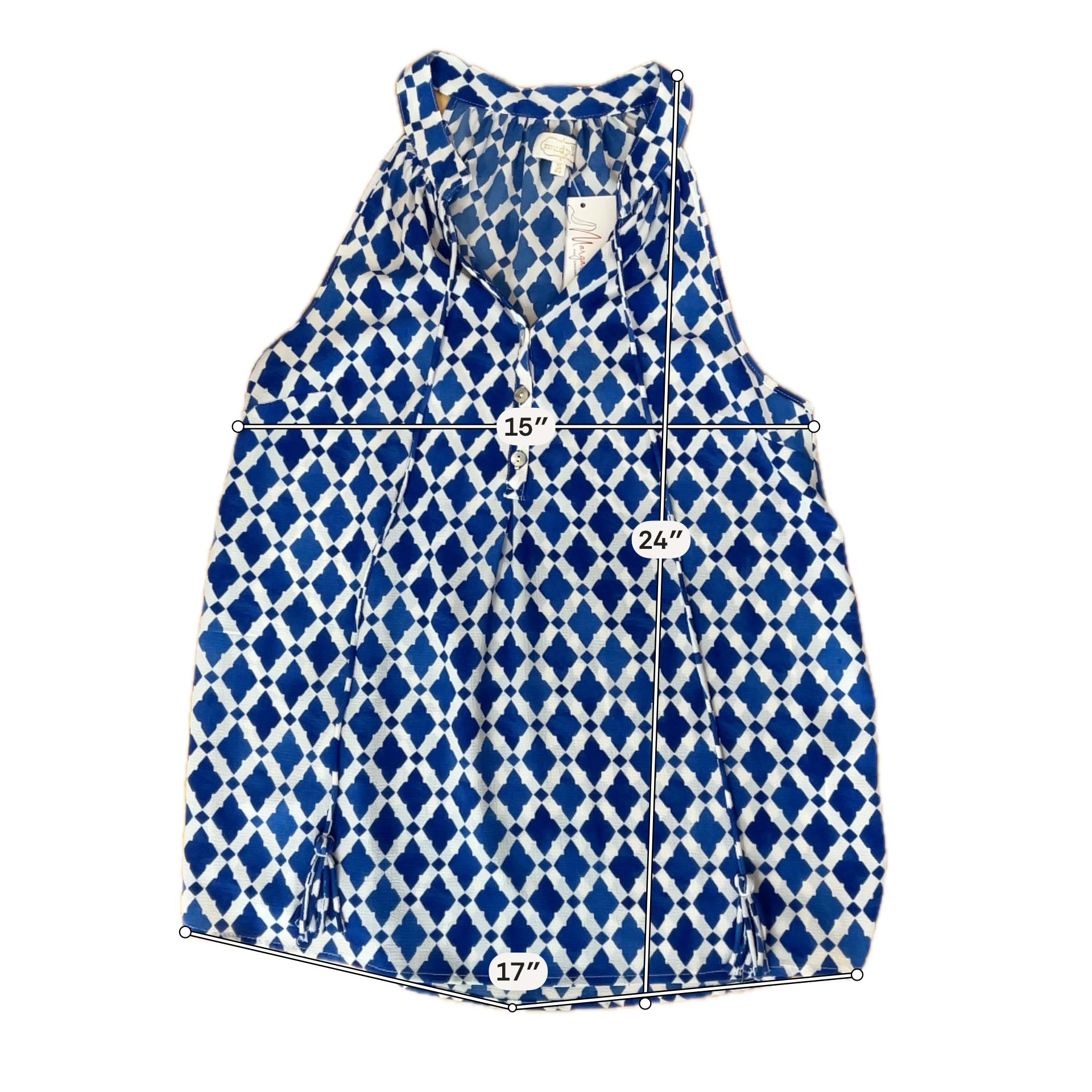 Mud Pie Mahalaya Halter Tunic Top Blue White Geometric Print Tassel Small