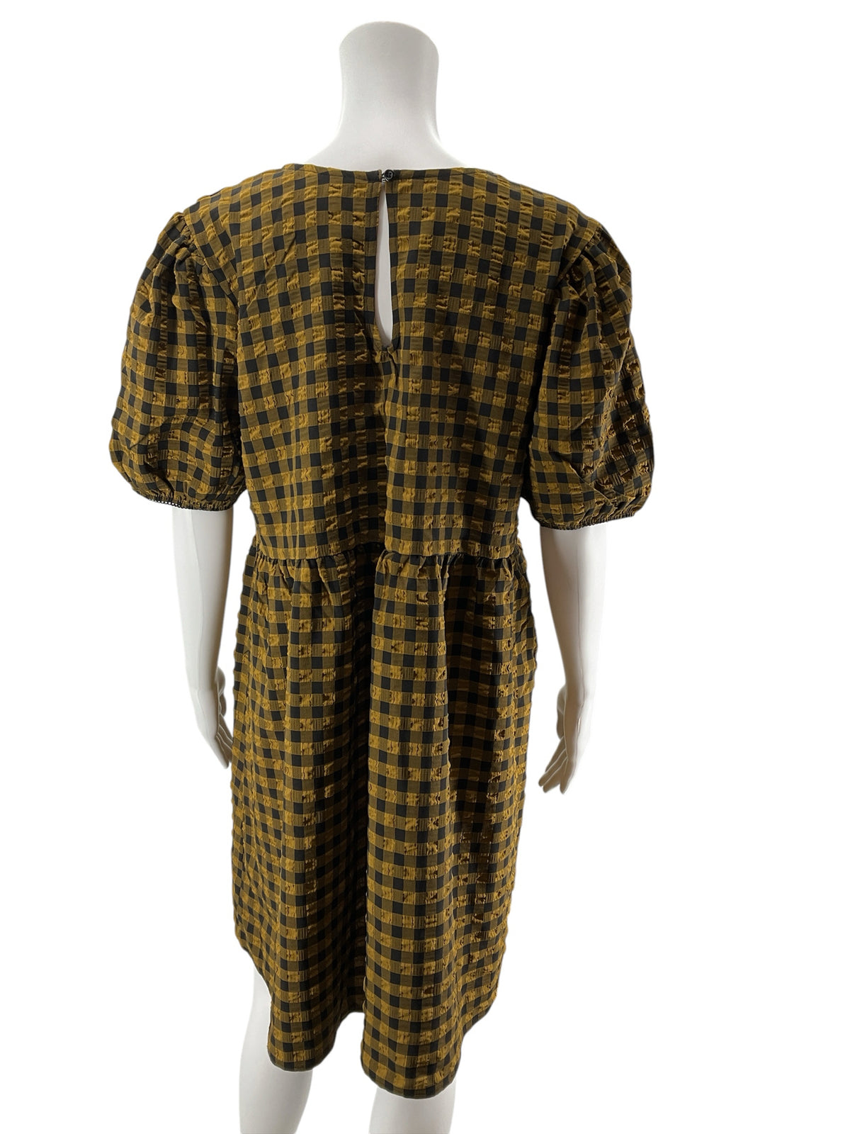 Wild &amp;amp; Fable Mustard &amp; Black Checkered Puff Sleeve Tiered Mini Dress | Size Large