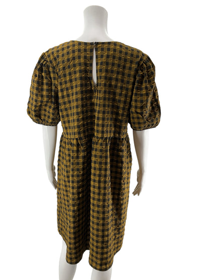 Wild &amp;amp; Fable Mustard &amp; Black Checkered Puff Sleeve Tiered Mini Dress | Size Large
