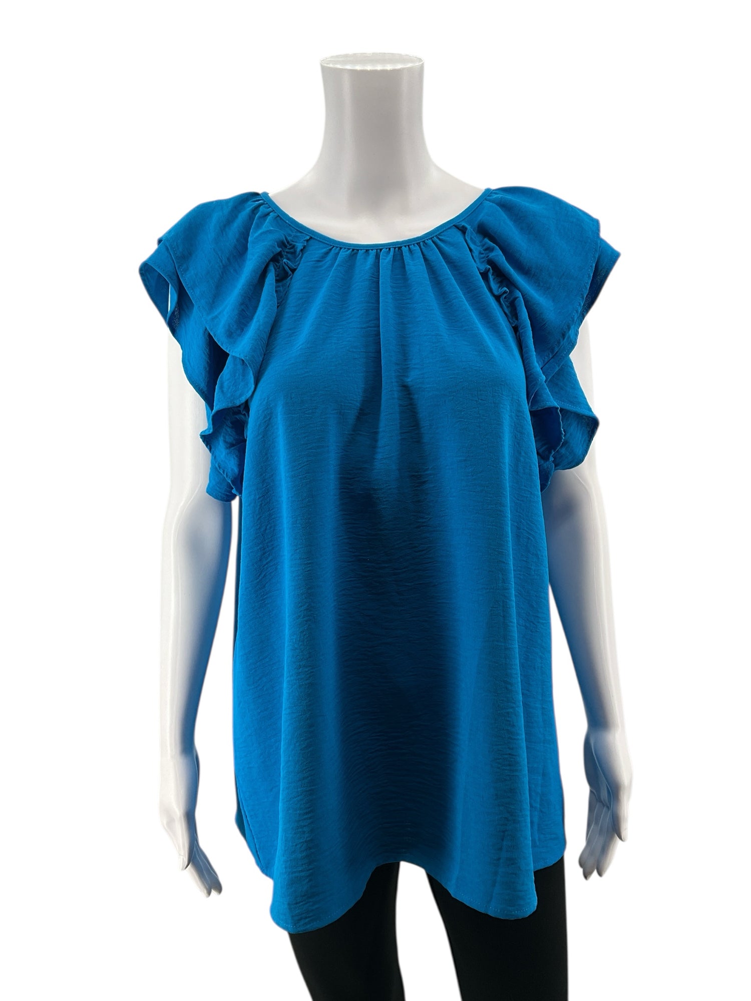 Jodifl Turquoise Cap Sleeve Turquoise Ruffle Sleeve Keyhole Back Tunic Blouse Size Large - Size L