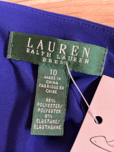 Close-up of Lauren Ralph Lauren dress label showing size 10 and fabric composition of 95% polyester and 5% elastane, made in China.
