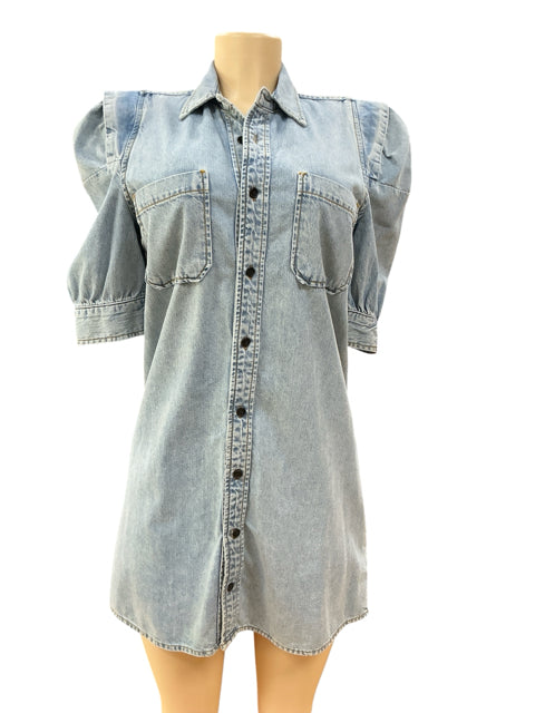 Frame Cresthaven Denim Puff Sleeve Mini Shirtdress Light Wash Size Small