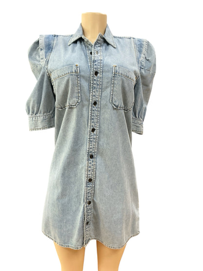 Frame Cresthaven Denim Puff Sleeve Mini Shirtdress Light Wash Size Small