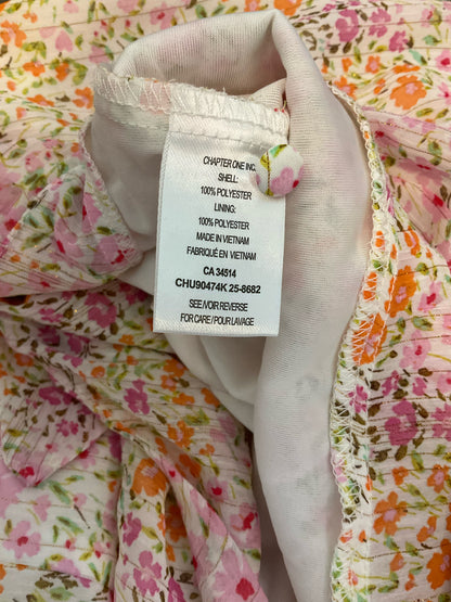 Tamara H. by Tahari white/pink/orange/green/gold Short Sleeve Petite Floral Tie-Front Puff Sleeve Blouse Gold Thread XS - Size XS