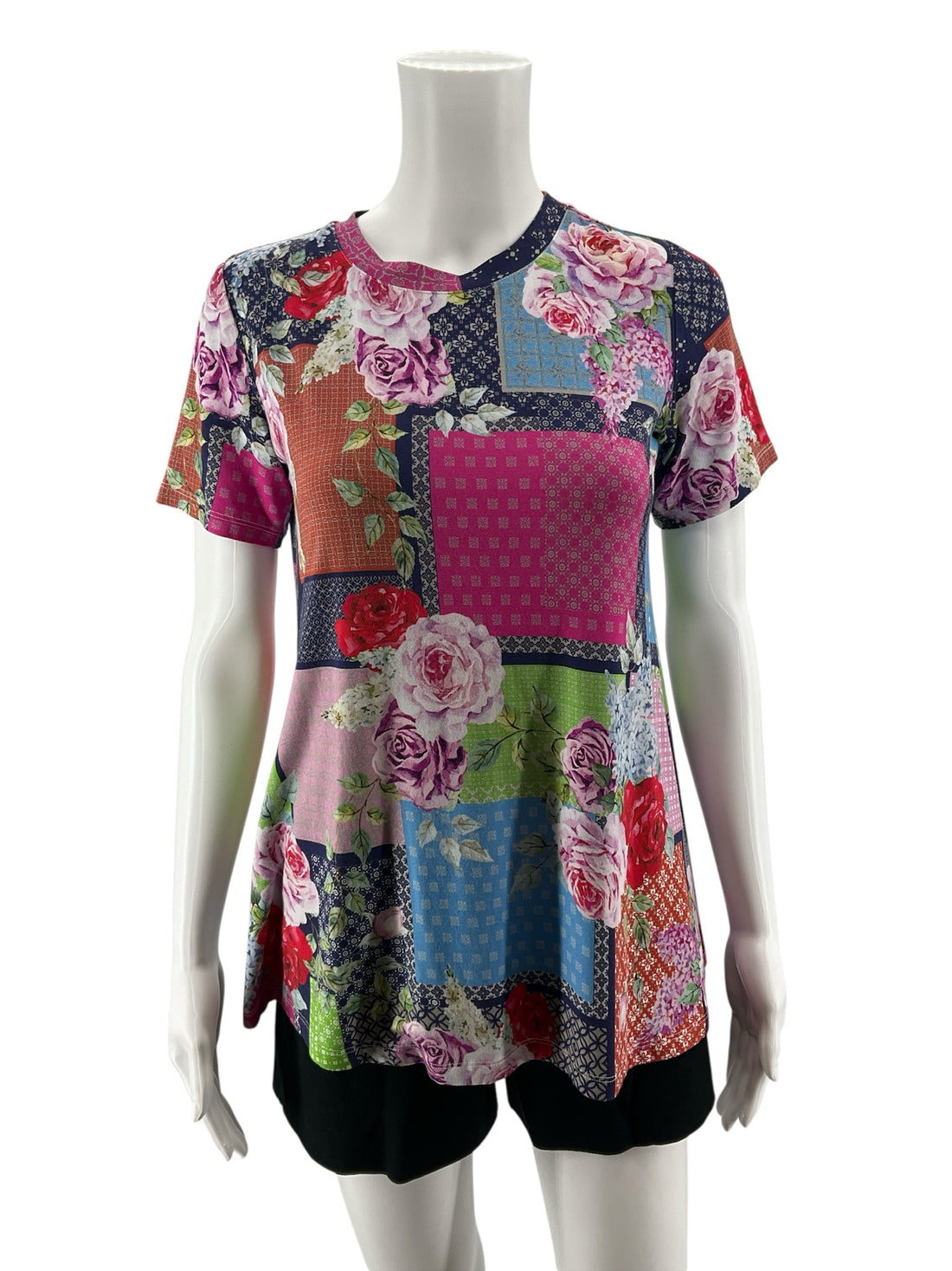 Johnny Was Patchy Tunic Top S Small Pink Blue Floral Bamboo Boho Pre-Owned