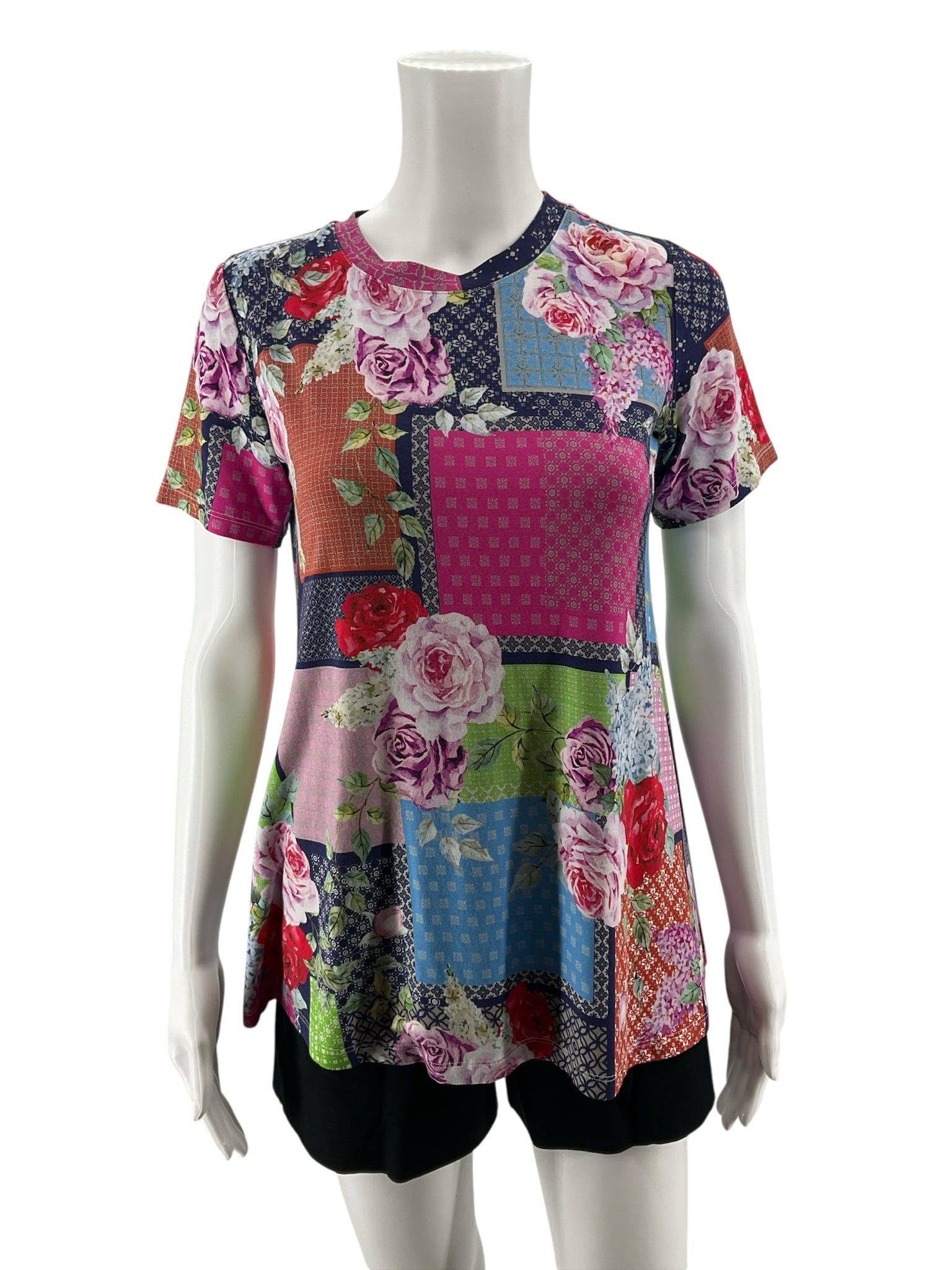 Johnny Was Patchy Tunic Top S Small Pink Blue Floral Bamboo Boho Pre-Owned