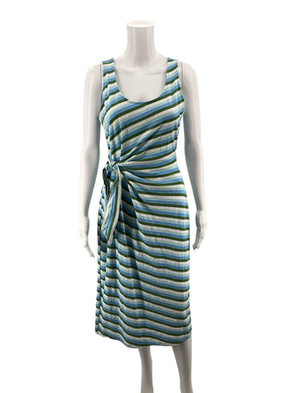 Talbots Aqua/White/Green Midi Striped Tie-Waist Midi Dress Metallic Knit Sleeveless Blue Green Medium - Size M