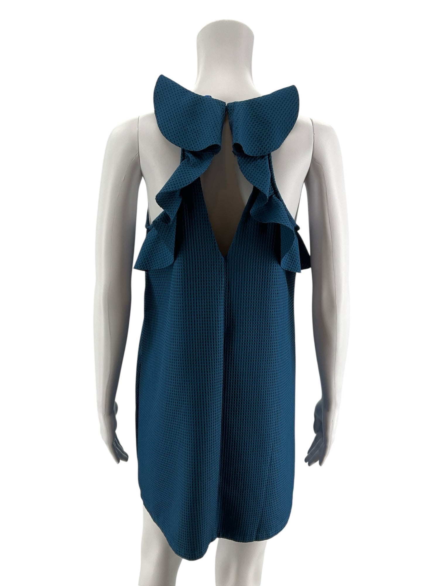She + Sky Teal Ruffle Back Waffle Knit Mini Dress Size Small