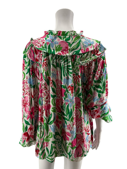 Lilly Pulitzer Ruffled V-Neck Tunic Blouse Floral XL NWT