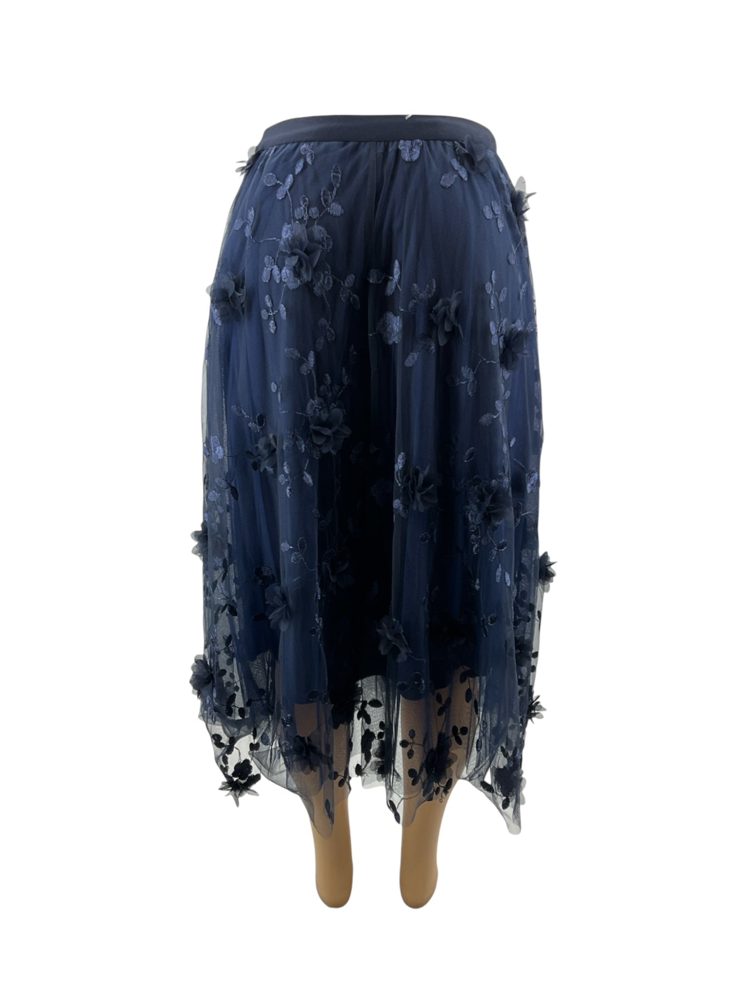 No Brand Navy Floral Embroidered Tulle A-Line Midi Skirt Size Small