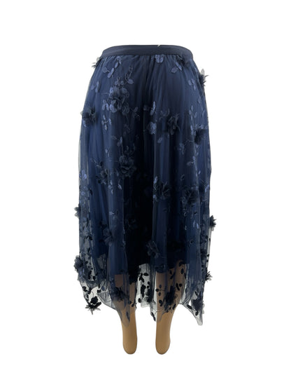 No Brand Navy Floral Embroidered Tulle A-Line Midi Skirt Size Small
