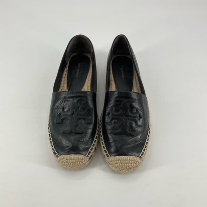 Tory Burch Ines Black Leather Double T Logo Espadrille Flats Size 9