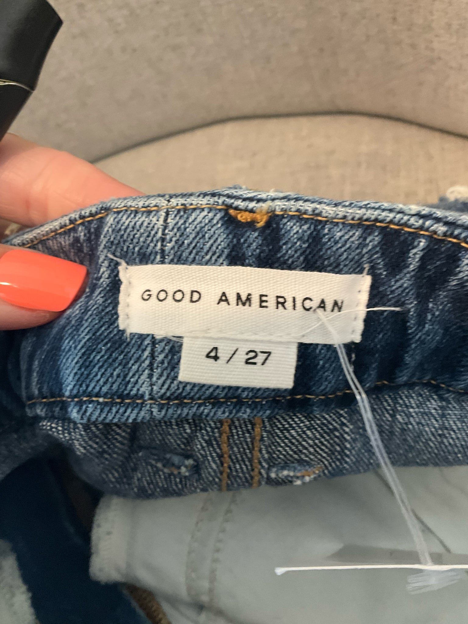 Good American Good Legs Straight Slit Hem Jeans Size 4/27 Blue Distressed High Rise